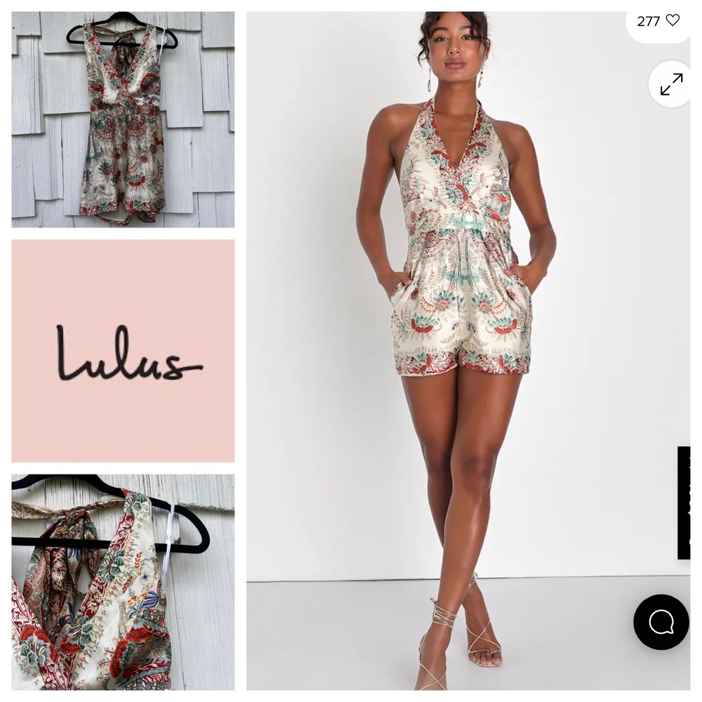 Lulus Cream Scarf Print Halter‎ Romper Boho Satin Paisley Floral Womens Size S